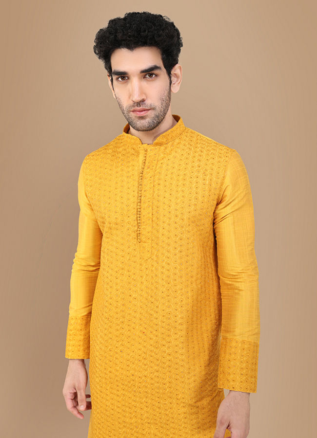 Amber Yellow Self Design Kurta Set image number 0